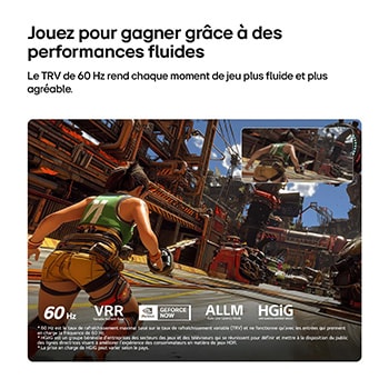 LG NANO 4K UHD AI nu85 for Ultimate Gameplay shows a fast-paced action game scene with a comparison inset highlighting smoother motion, while supporting up to 60Hz, VRR, ALLM, HGiG, and GeForce NOW.